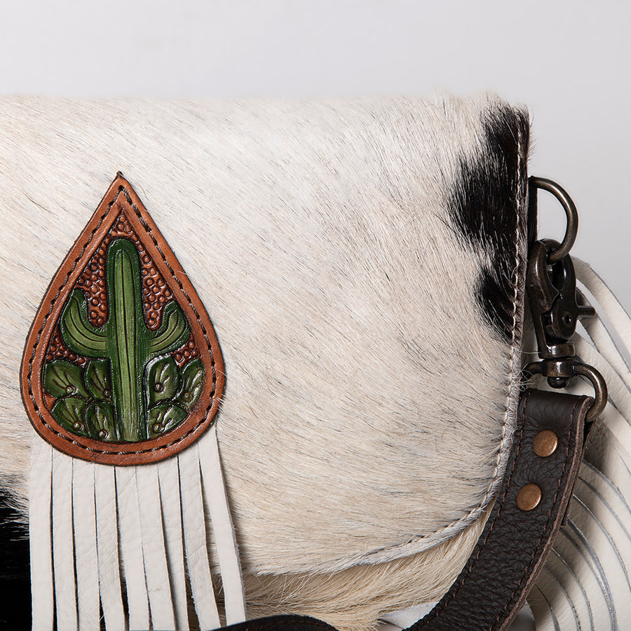Ohlay Hair-On Leather Crossbody Purse Cactus Inlay White Fringe Handbag