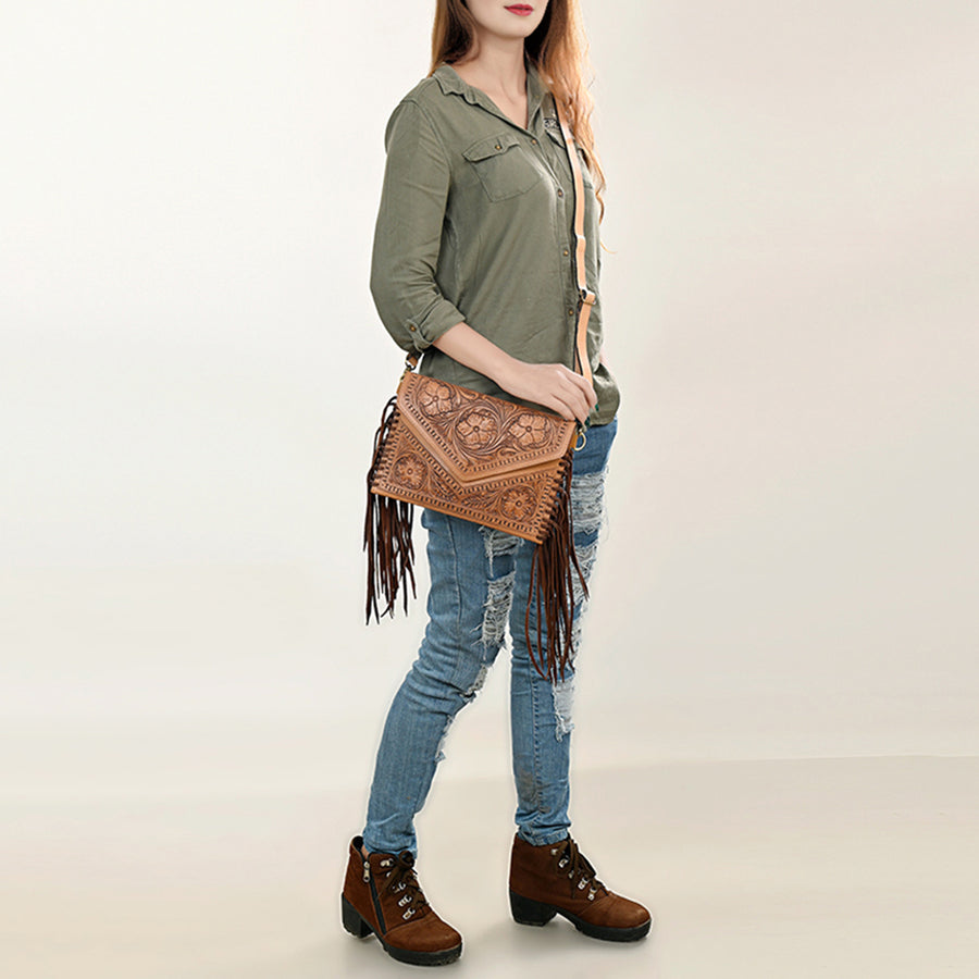 American Darling Envelope Bag, Hand Tooled Floral Carved Genuine Leather, Western Crossbody with Fringes & YKK Zipper