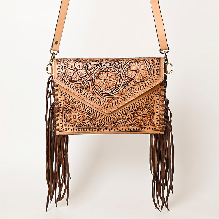 American Darling Envelope Bag, Hand Tooled Floral Carved Genuine Leather, Western Crossbody with Fringes & YKK Zipper