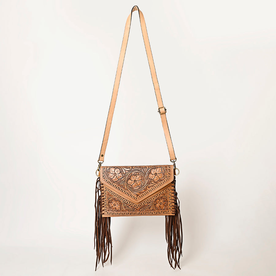 American Darling Envelope Bag, Hand Tooled Floral Carved Genuine Leather, Western Crossbody with Fringes & YKK Zipper