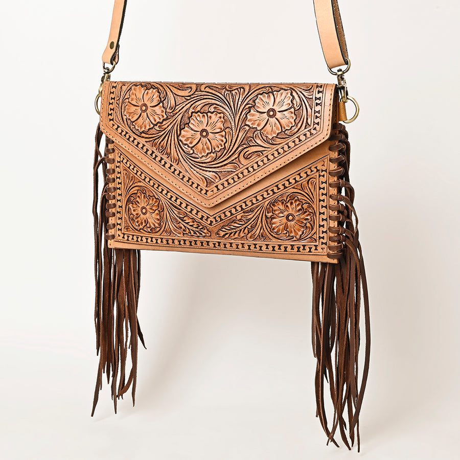 American Darling Western Leather Envelope - Hand Tooled Floral Carved Purse with Fringes - Uhorse