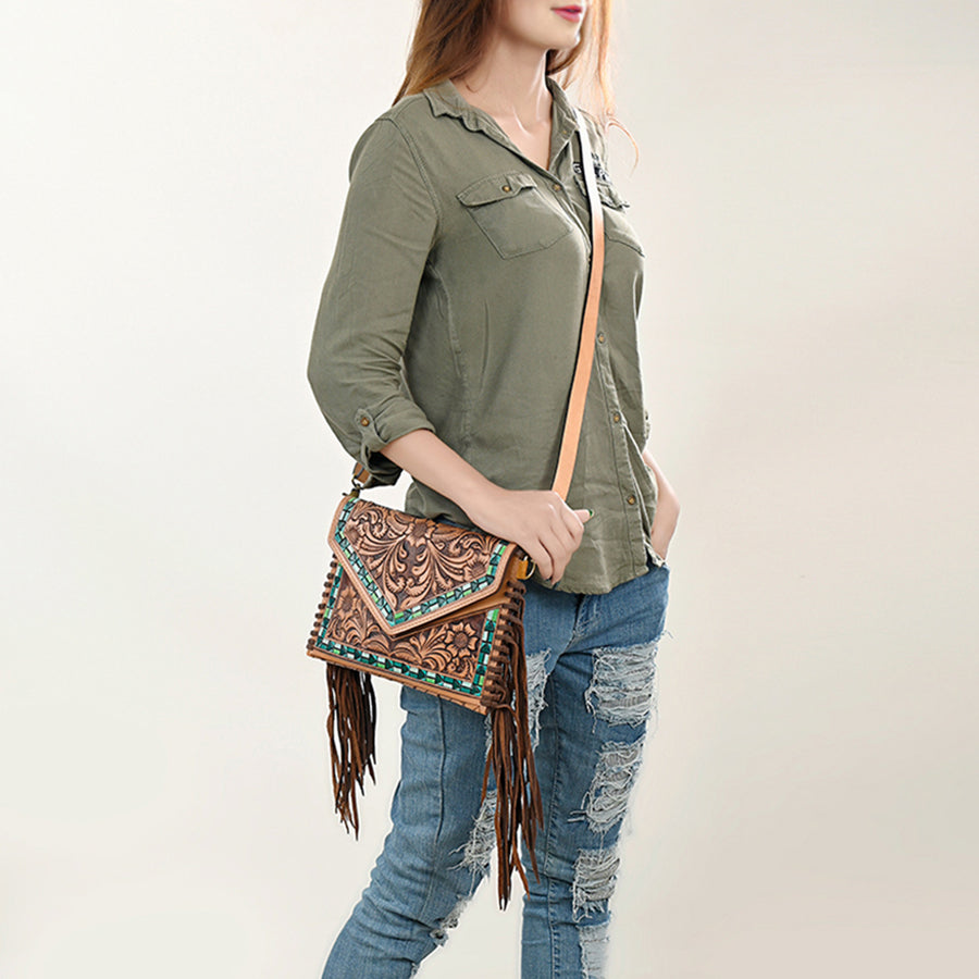 American Darling Envelope Bag, Hand Tooled Floral Carved Genuine Leather, Western Crossbody with Fringes & YKK Zipper