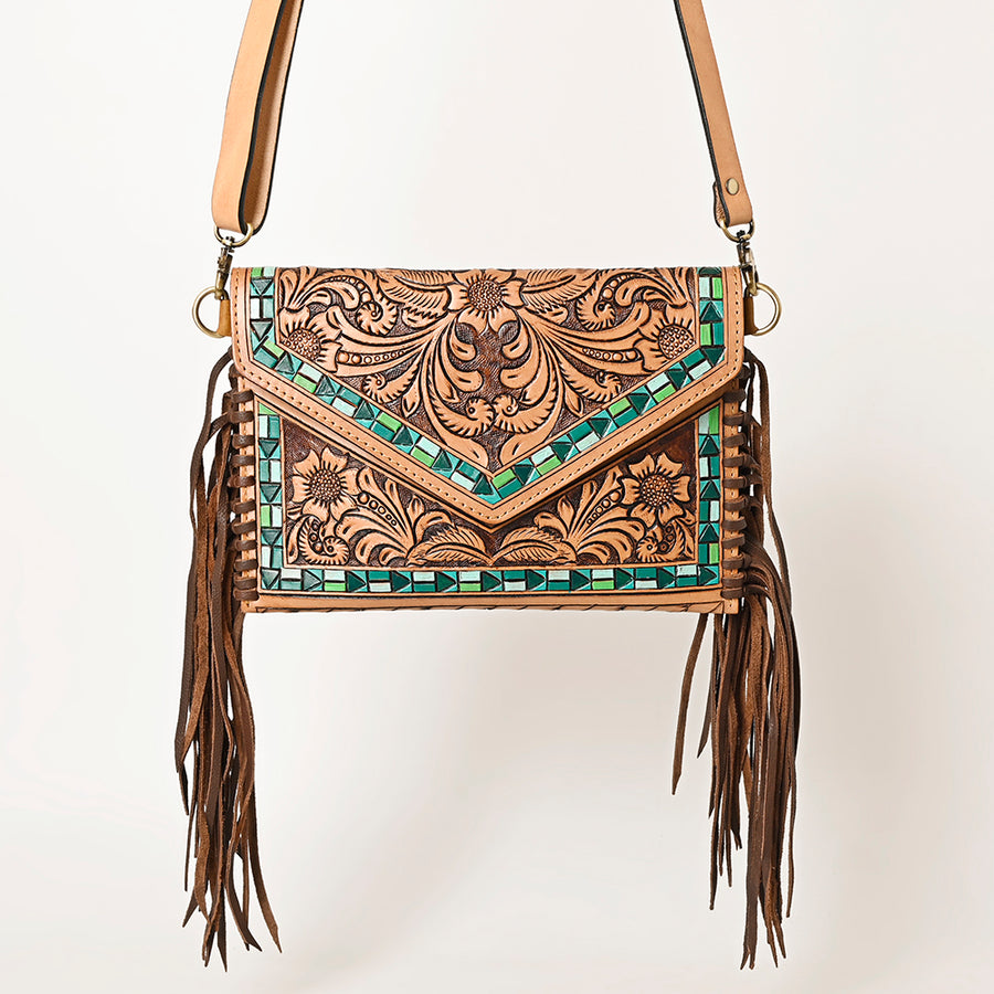 American Darling Envelope Bag, Hand Tooled Floral Carved Genuine Leather, Western Crossbody with Fringes & YKK Zipper