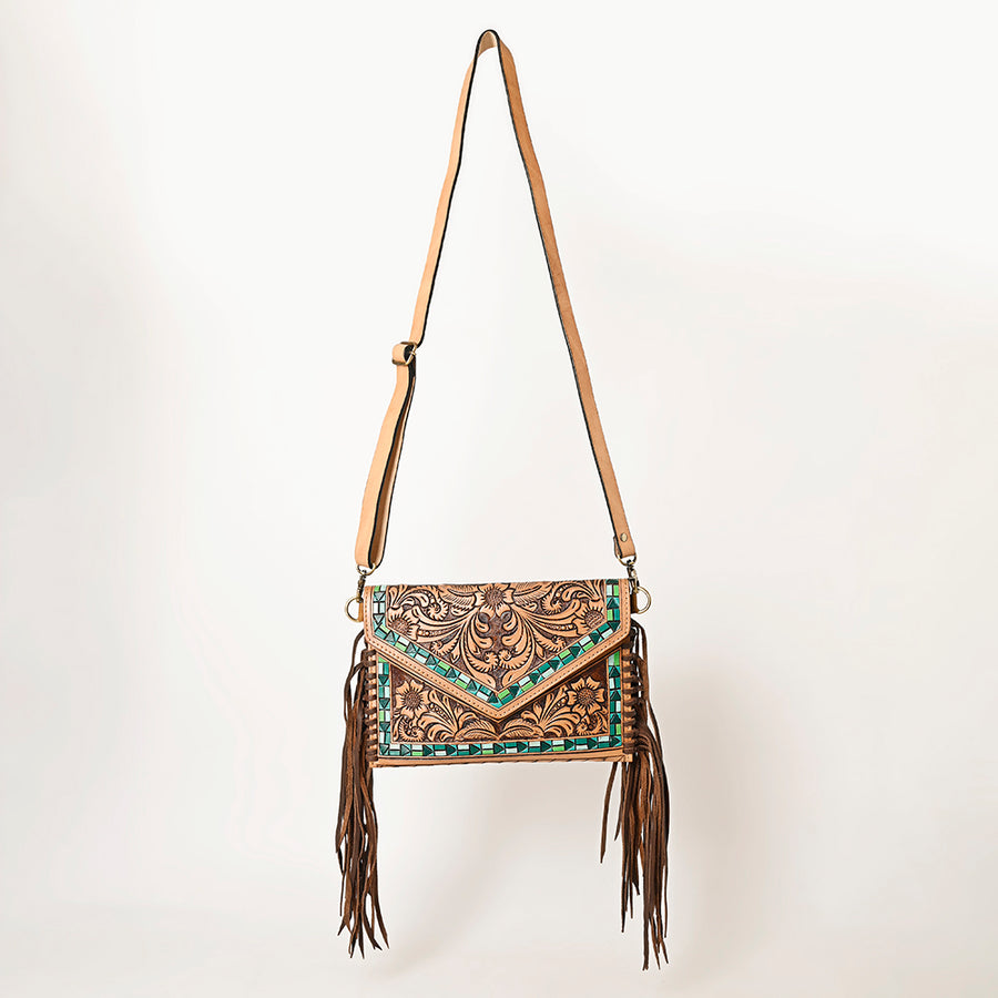 American Darling Envelope Bag, Hand Tooled Floral Carved Genuine Leather, Western Crossbody with Fringes & YKK Zipper