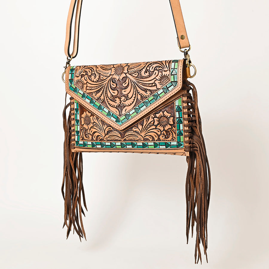 American Darling Western Leather Envelope - Hand Tooled Floral Carved Purse with Fringes - Uhorse