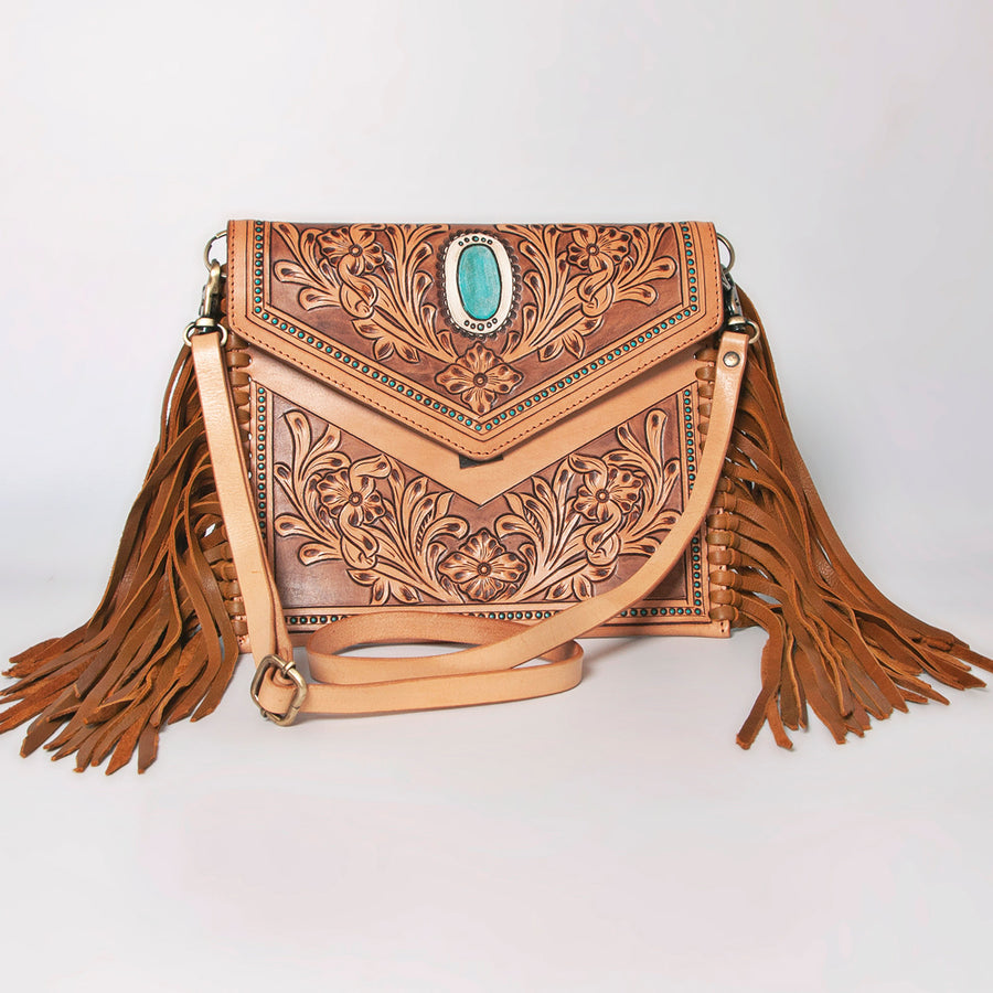 American Darling Envelope Bag, Hand Tooled Floral Carved Genuine Leather, Western Crossbody with Fringes & YKK Zipper
