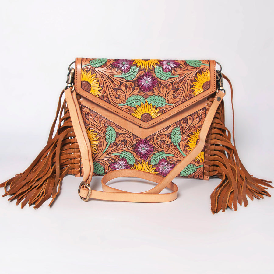 American Darling Envelope Bag, Hand Tooled Floral Carved Genuine Leather, Western Crossbody with Fringes & YKK Zipper