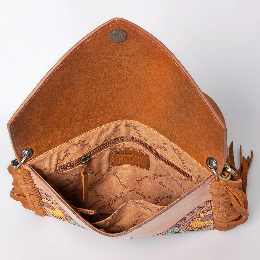 American Darling Envelope Bag, Hand Tooled Floral Carved Genuine Leather, Western Crossbody with Fringes & YKK Zipper