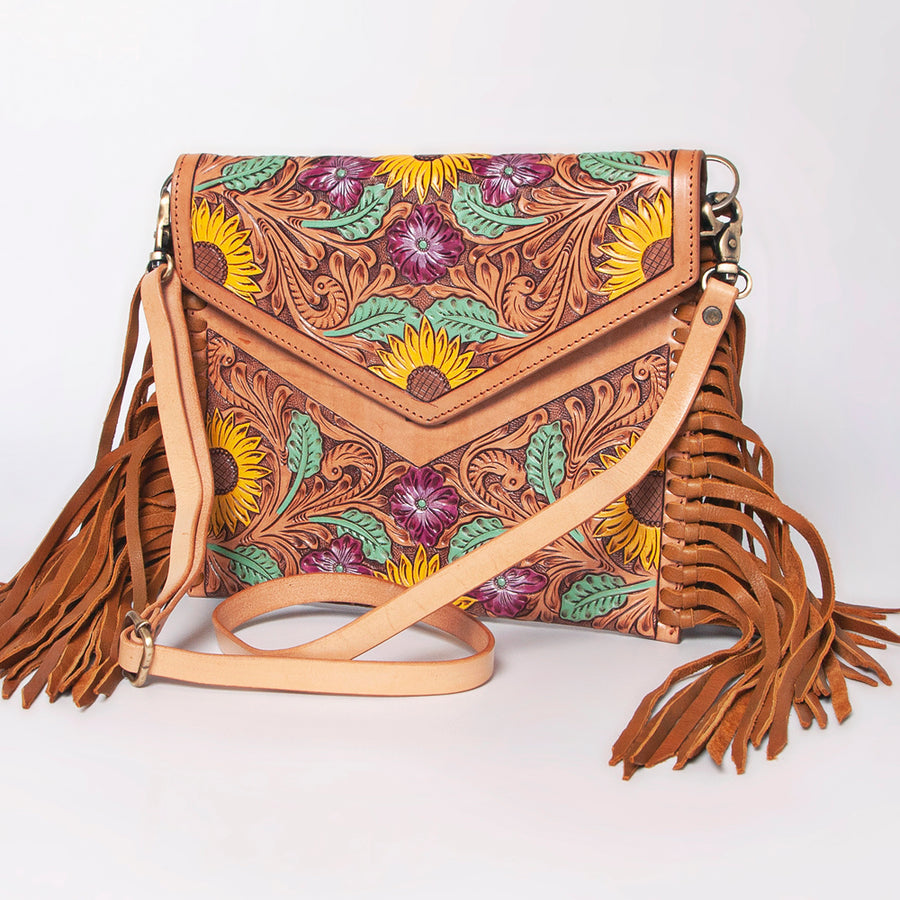 American Darling Western Leather Envelope - Hand Tooled Floral Carved Purse with Fringes - Uhorse