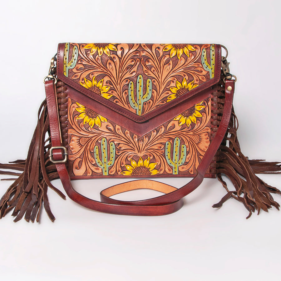 American Darling Envelope Bag, Hand Tooled Floral Carved Genuine Leather, Western Crossbody with Fringes & YKK Zipper