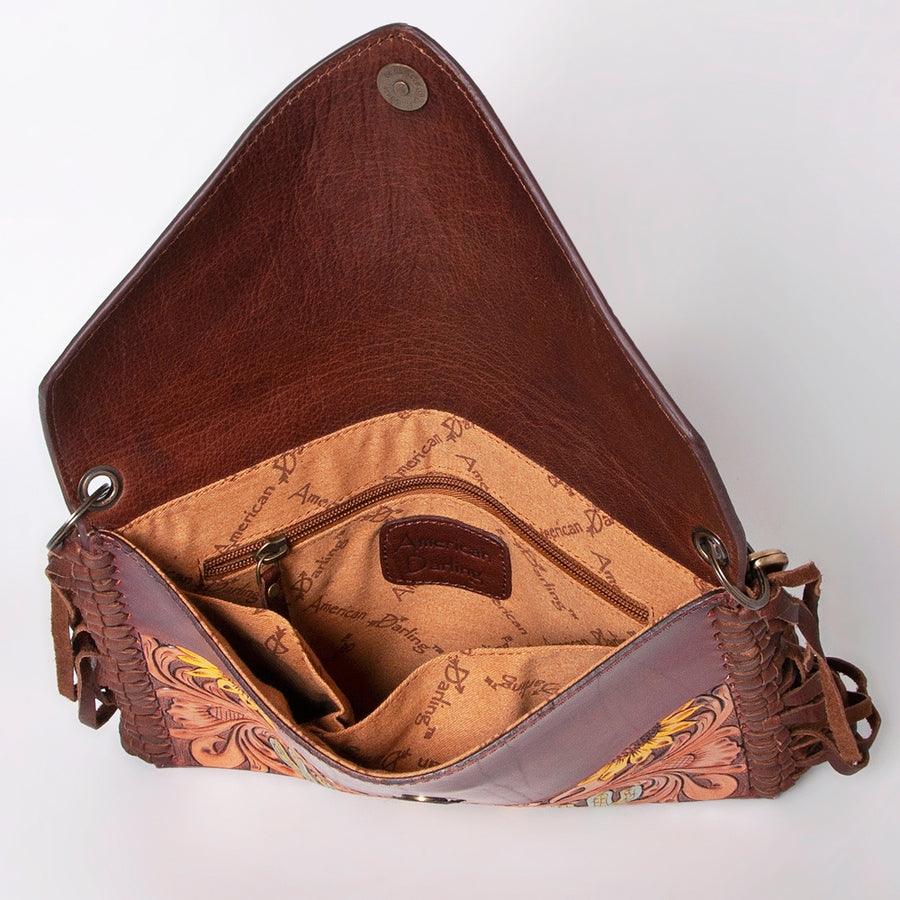 American Darling Envelope Bag, Hand Tooled Floral Carved Genuine Leather, Western Crossbody with Fringes & YKK Zipper