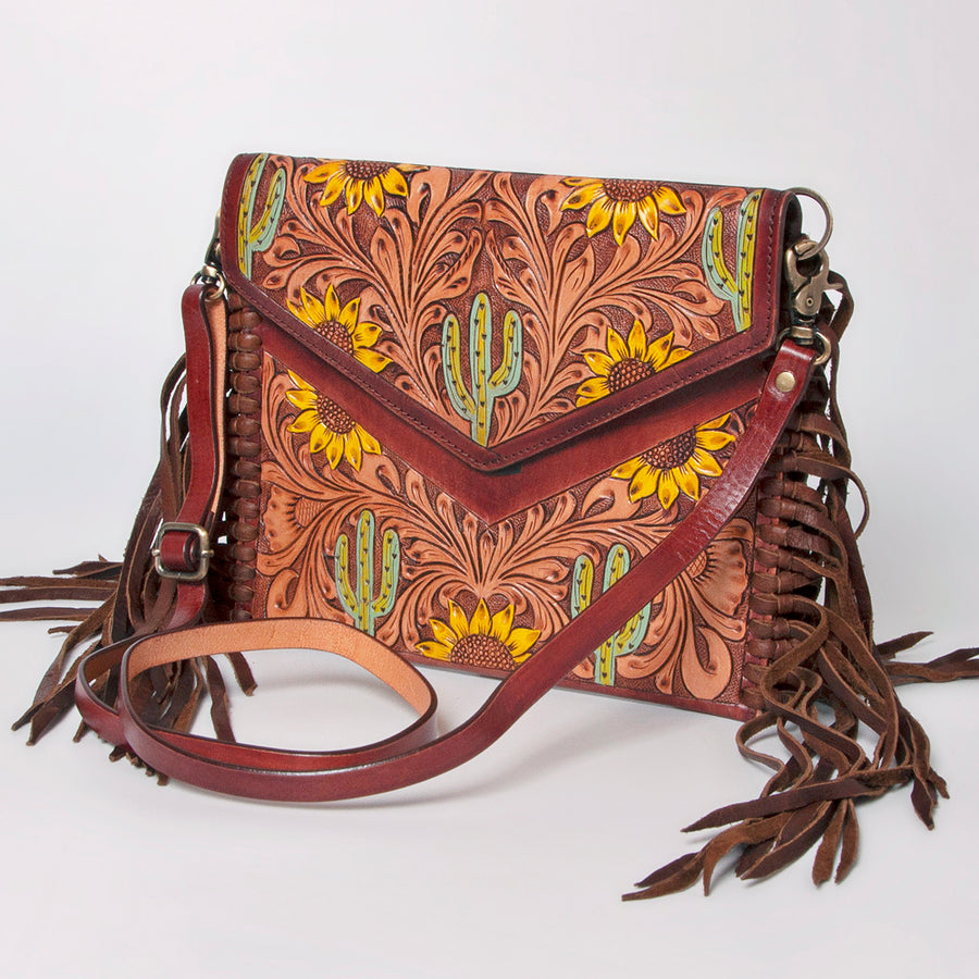 American Darling Western Leather Envelope - Hand Tooled Floral Carved Purse with Fringes - Uhorse