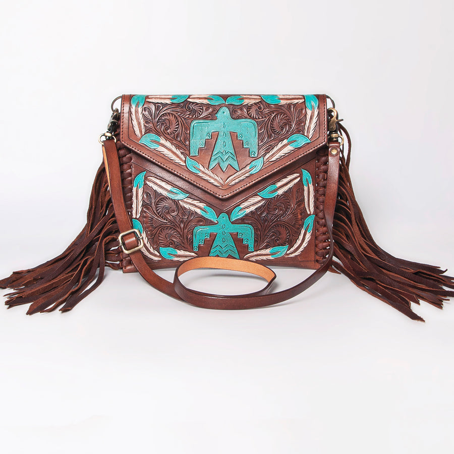 American Darling Envelope Bag, Hand Tooled Floral Carved Genuine Leather, Western Crossbody with Fringes & YKK Zipper