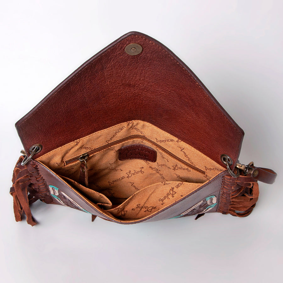 American Darling Envelope Bag, Hand Tooled Floral Carved Genuine Leather, Western Crossbody with Fringes & YKK Zipper