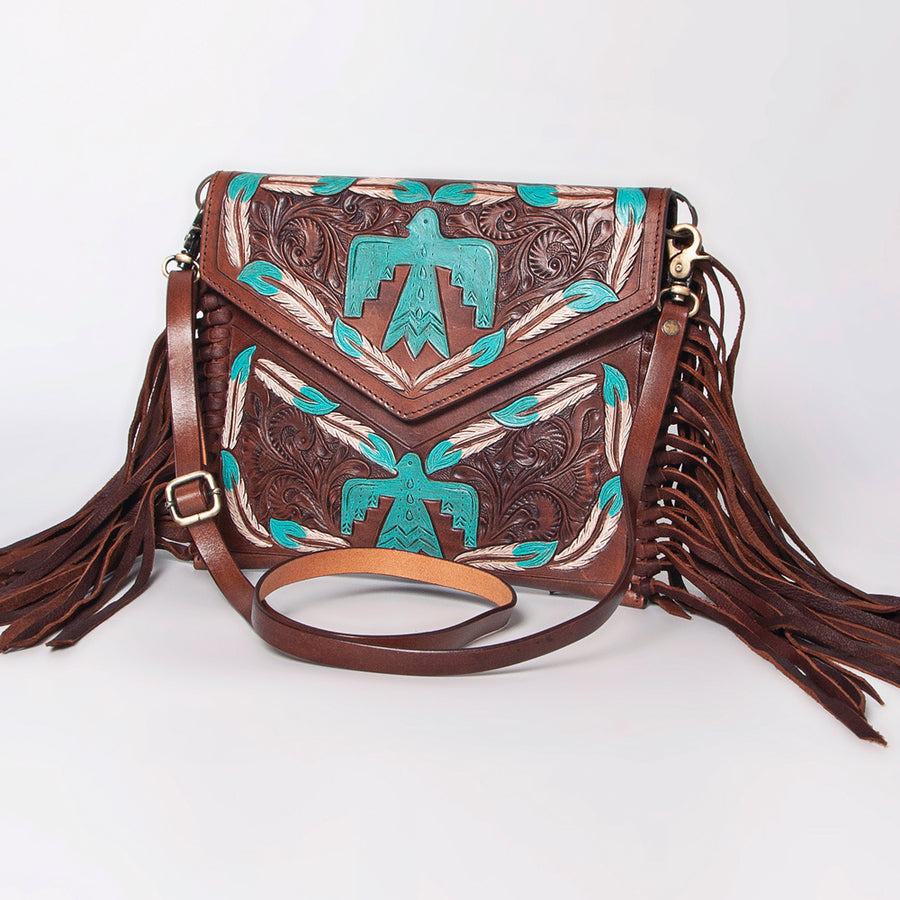 American Darling Western Leather Envelope - Hand Tooled Floral Carved Purse with Fringes - Uhorse