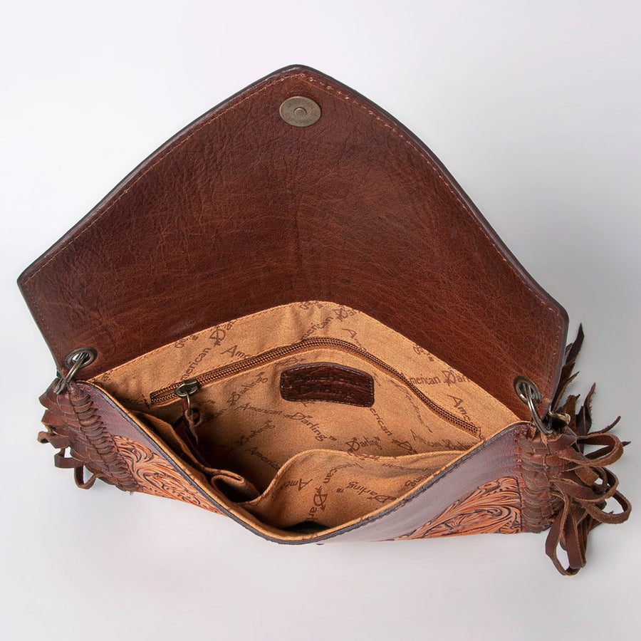 American Darling Envelope Bag, Hand Tooled Floral Carved Genuine Leather, Western Crossbody with Fringes & YKK Zipper