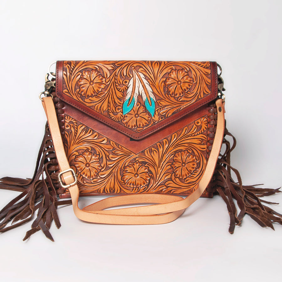 American Darling Western Leather Envelope - Hand Tooled Floral Carved Purse with Fringes - Uhorse