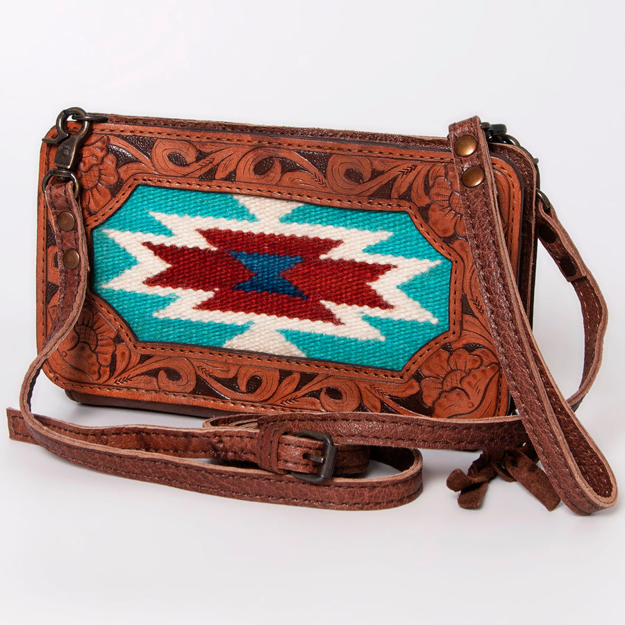 American Darling Hand Tooled Leather Cross body Bag with Woven Saddle Blanket - Uhorse