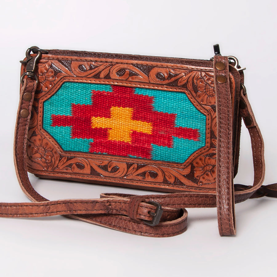 American Darling Hand Tooled Leather Cross body Bag with Woven Saddle Blanket - Uhorse