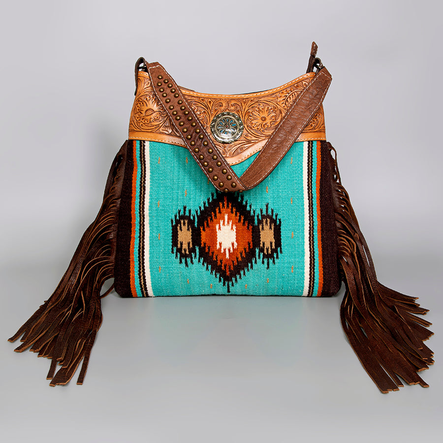 American Darling Western Shoulder Bag, Hand Tooled Floral Carved Leather with Fringes and Concho, Eco-Friendly Boho Purse