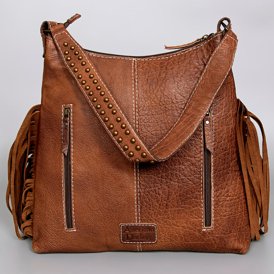 American Darling Western Shoulder Bag, Hand Tooled Floral Carved Leather with Fringes and Concho, Eco-Friendly Boho Purse