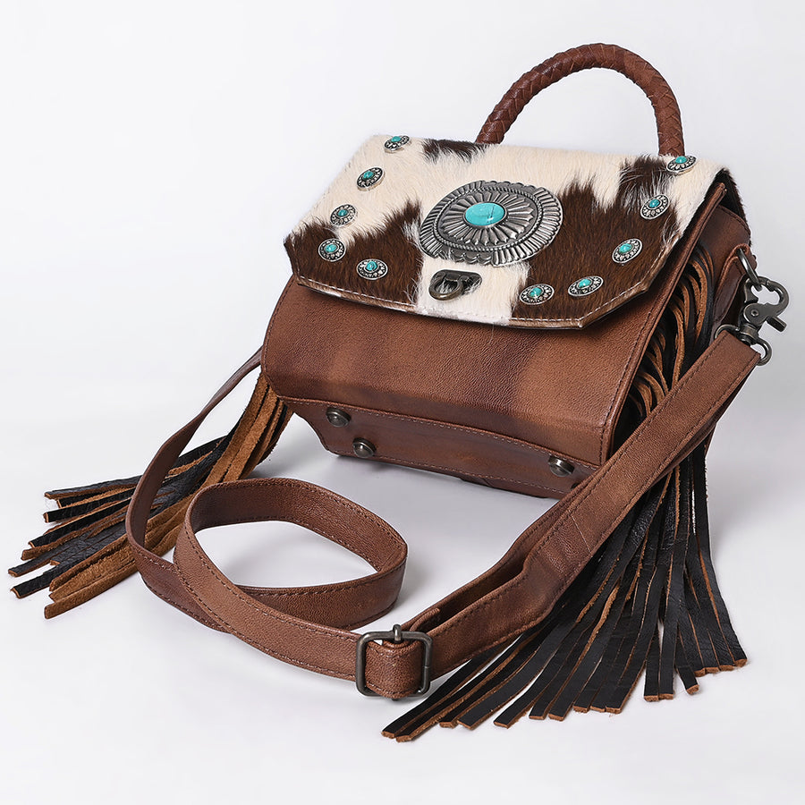 American Darling Western Messenger Bag, Hair-On Cowhide Full Grain Leather with Fringes and Concho, Handcrafted Boho Purse