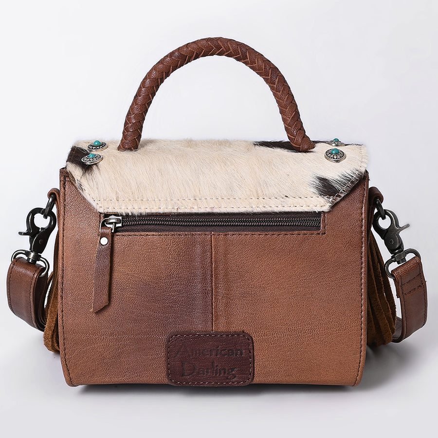 American Darling Western Messenger Bag, Hair-On Cowhide Full Grain Leather with Fringes and Concho, Handcrafted Boho Purse