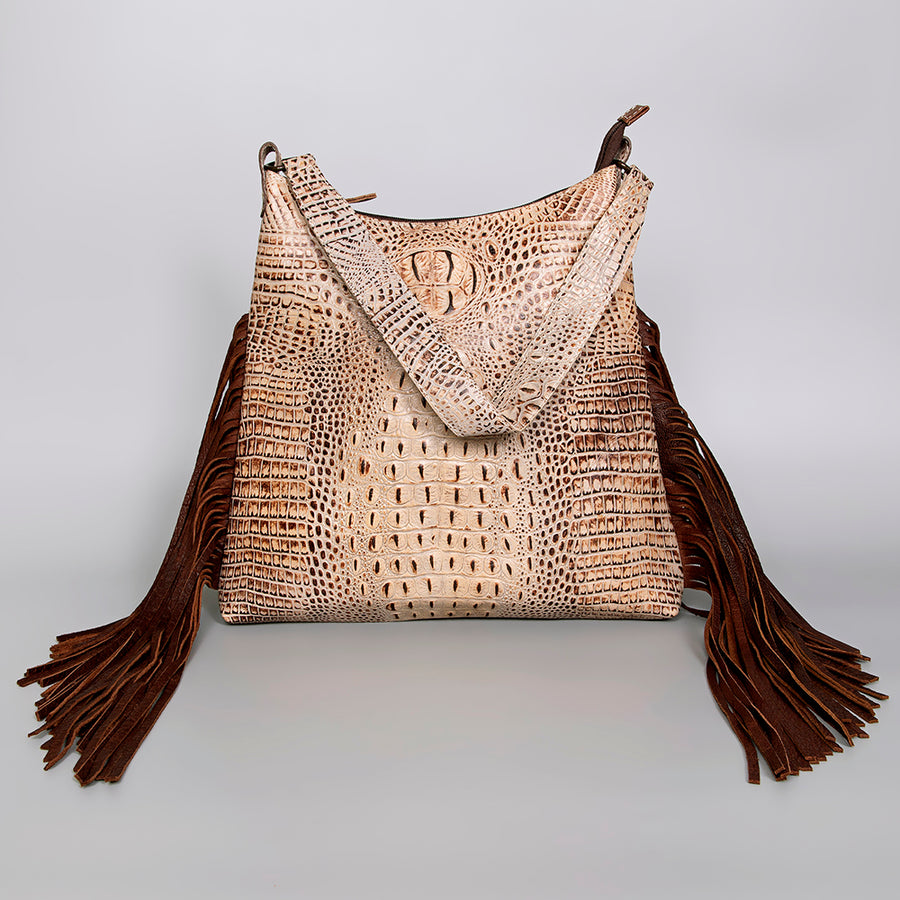 American Darling Shoulder Bag Genuine Leather Crocodile Embossed Western Purse with Fringes and YKK Zipper for Women