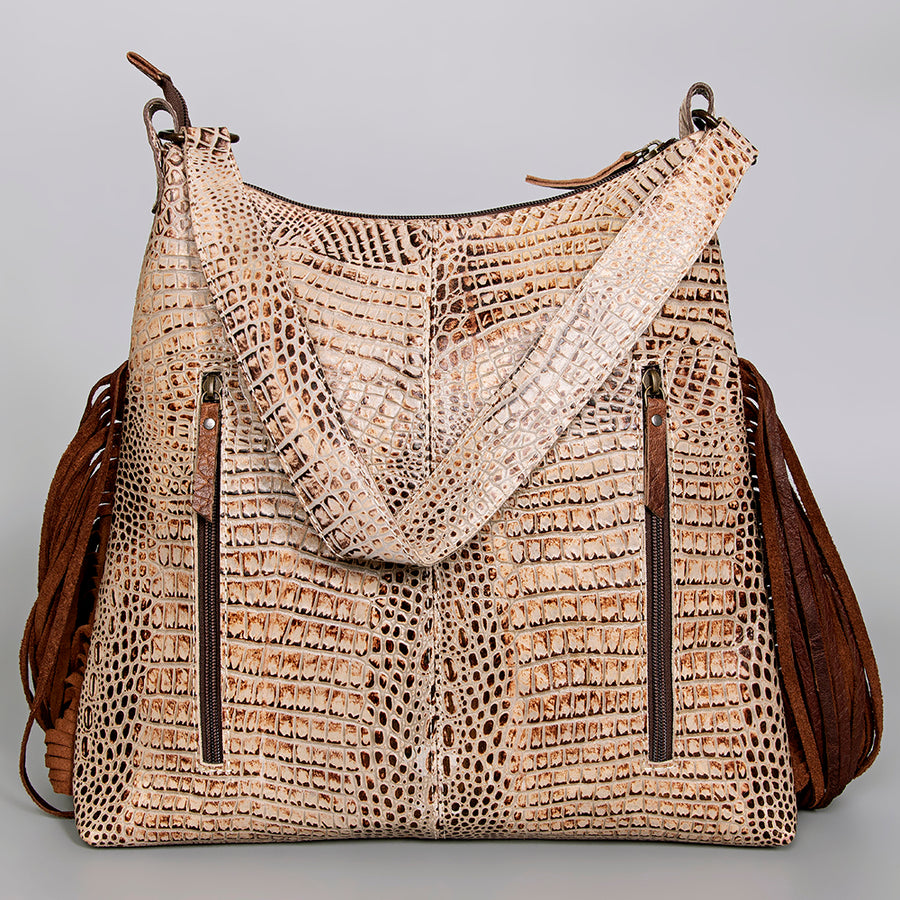 American Darling Shoulder Bag Genuine Leather Crocodile Embossed Western Purse with Fringes and YKK Zipper for Women