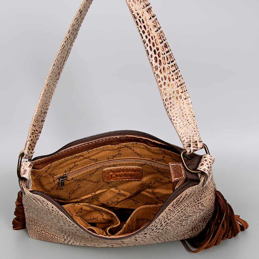 American Darling Shoulder Bag Genuine Leather Crocodile Embossed Western Purse with Fringes and YKK Zipper for Women