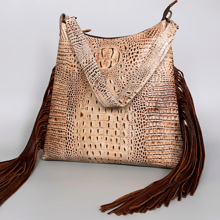 American Darling Crocodile Embossed Western Leather Shoulder Bag with Fringes - Uhorse
