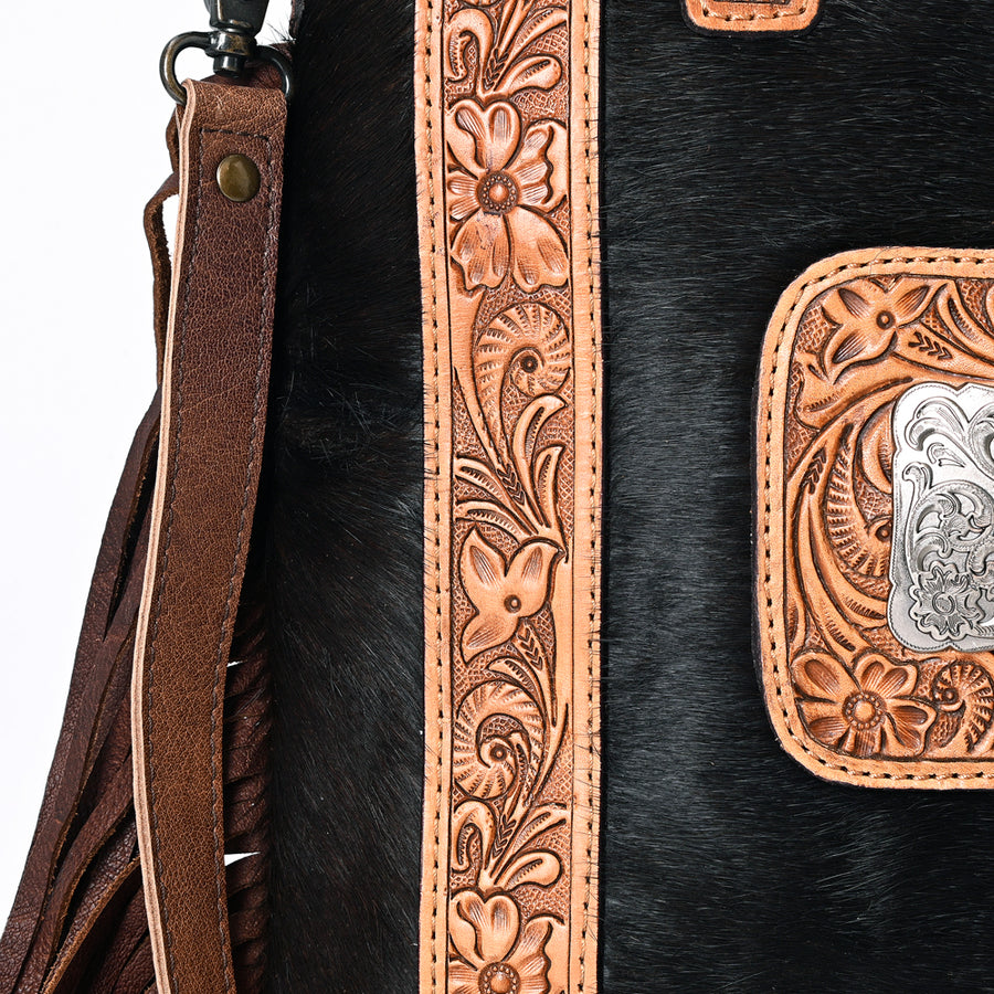 American Darling Tote Bag Genuine Leather Hand Tooled Floral Western Purse with Hair-On Cowhide Fringes and YKK Zipper