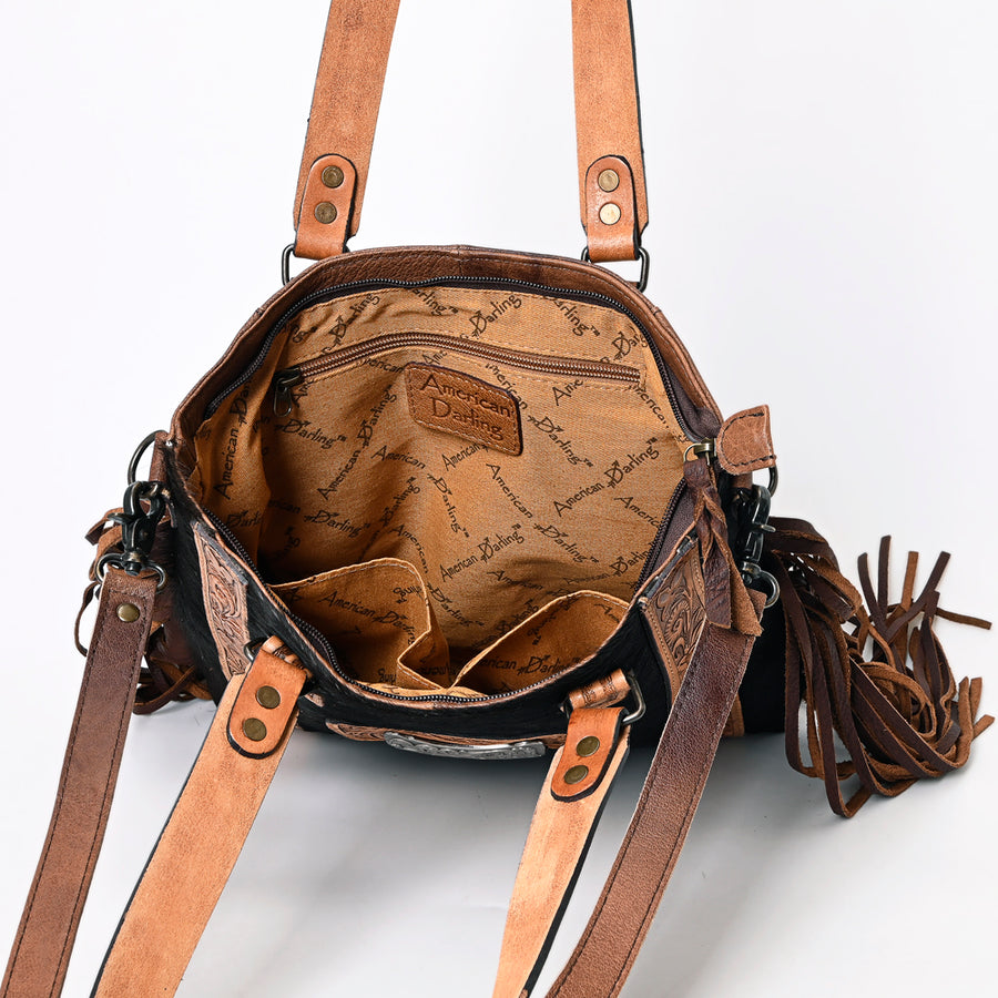 American Darling Tote Bag Genuine Leather Hand Tooled Floral Western Purse with Hair-On Cowhide Fringes and YKK Zipper