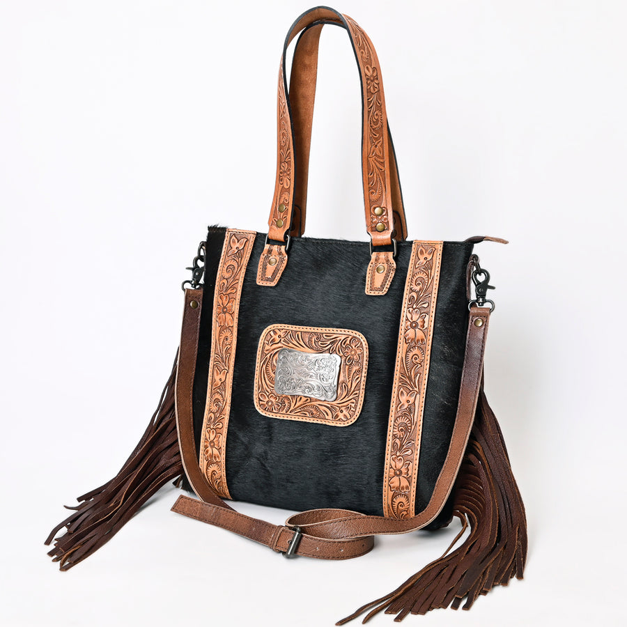 American Darling Hand Tooled Floral Leather Tote Bag with Hair-On Cowhide and Fringes - Uhorse