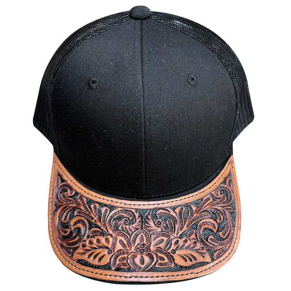 Black and tan leather trucker cap with cactus and sunflower tooling - Uhorse
