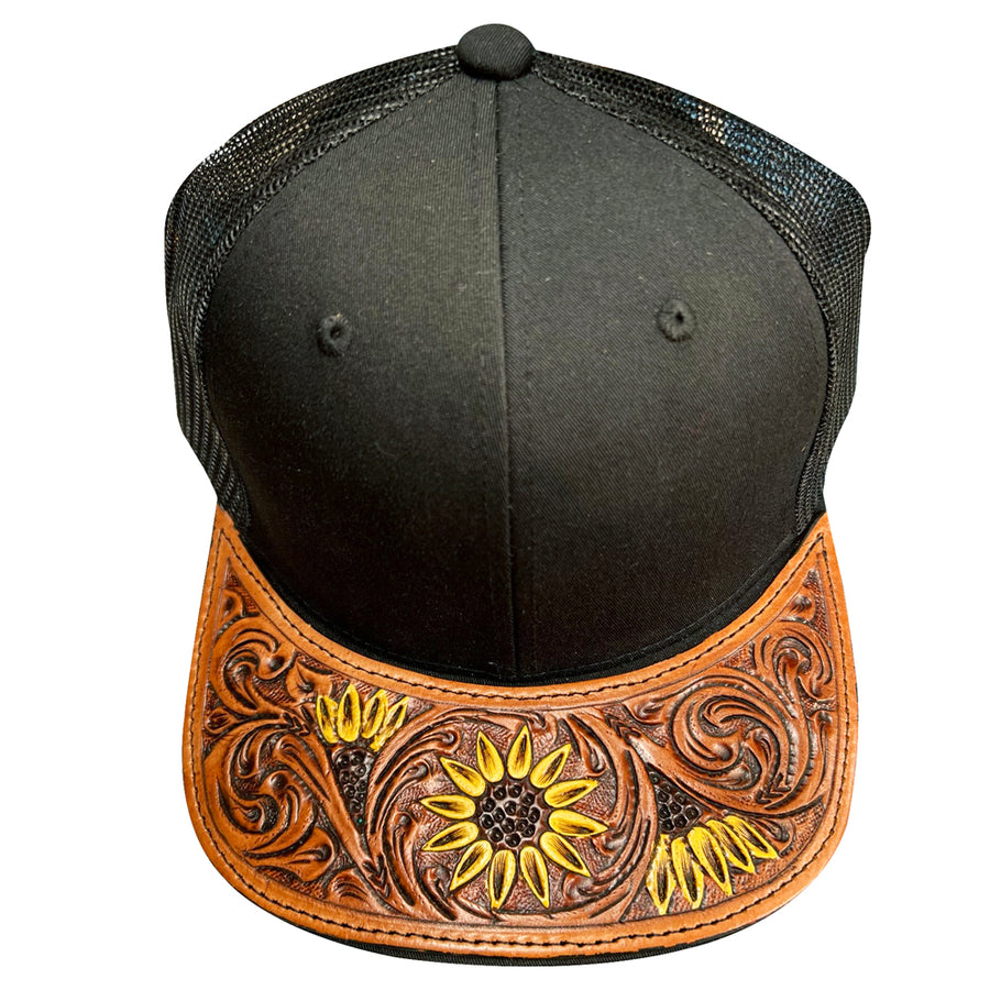 Black and tan leather trucker hat with tooled sunflower visor - Uhorse