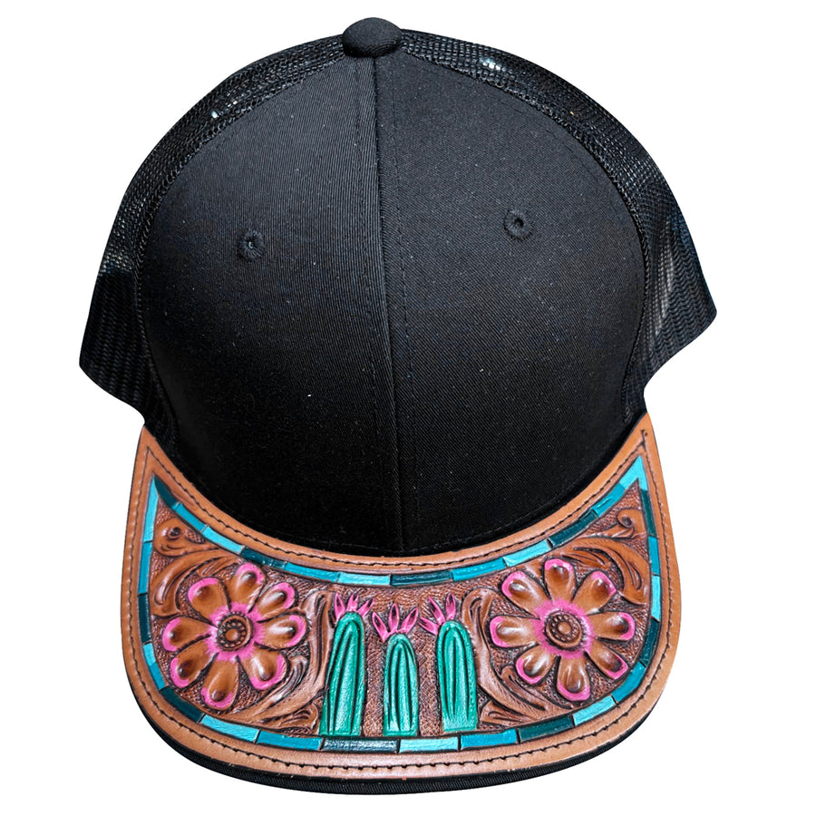 Black mesh trucker cap with tooled leather visor - Uhorse