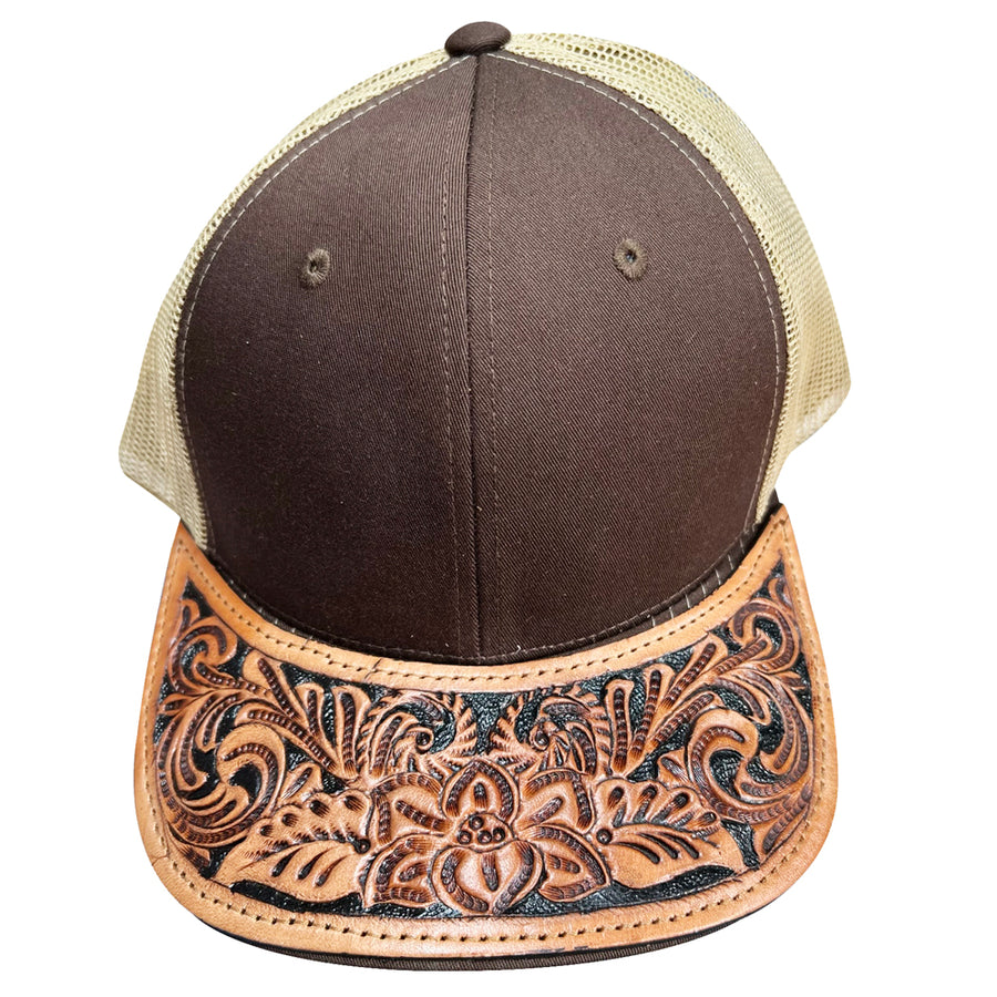 Brown and cream leather trucker hat with tooled visor - Uhorse