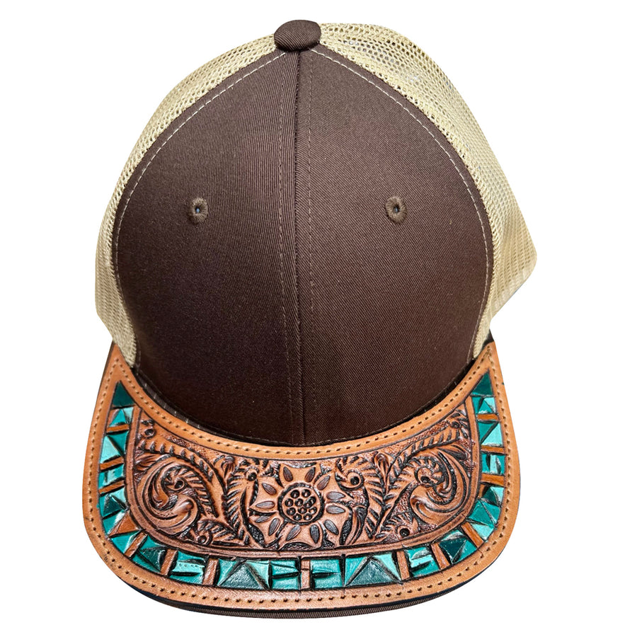 Brown and cream trucker hat with tooled leather visor and turquoise studs - Uhorse