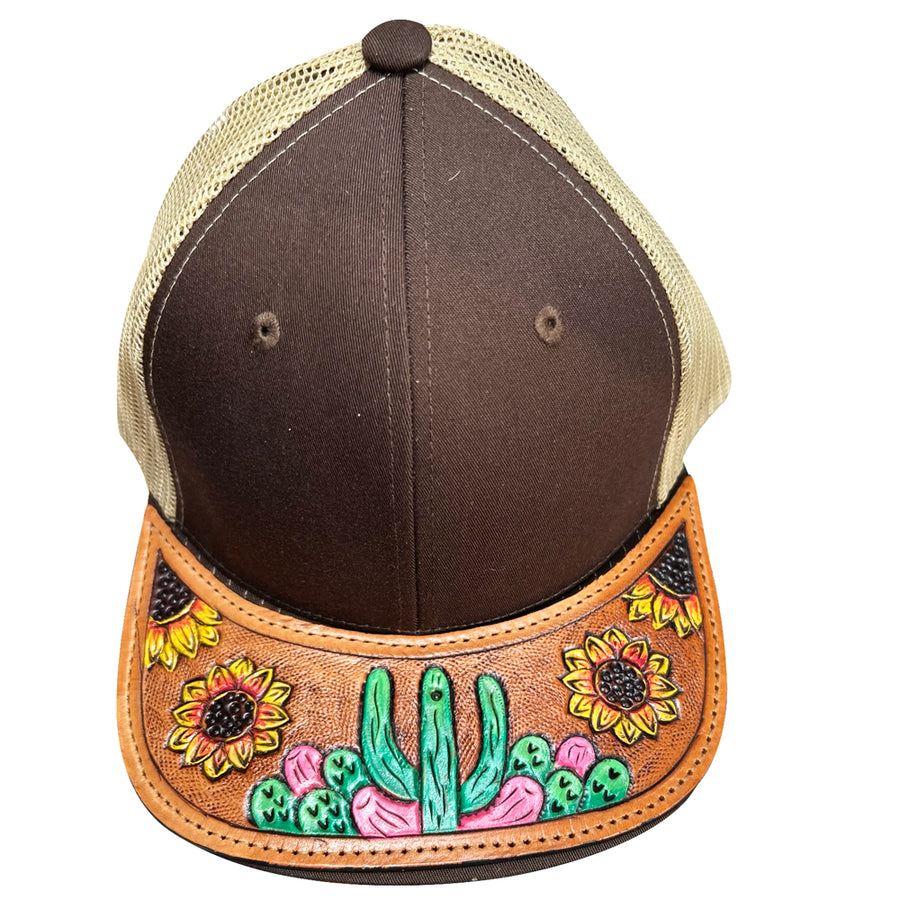Brown and cream mesh trucker cap with tooled leather cactus and sunflower visor - Uhorse