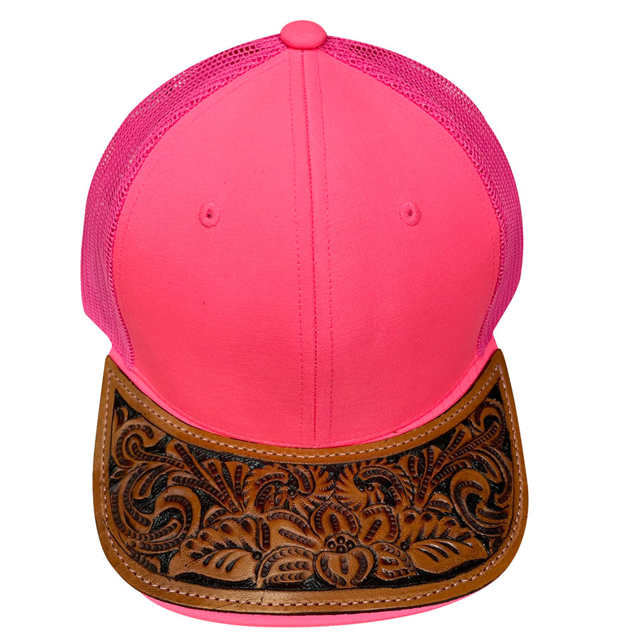 Pink mesh trucker cap with tooled leather visor - Uhorse