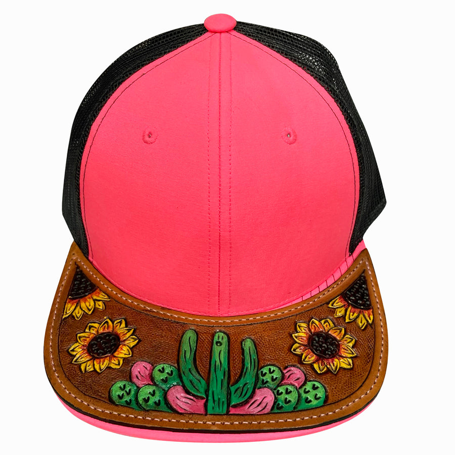 Pink and black mesh trucker cap with leather cactus and sunflower visor - Uhorse