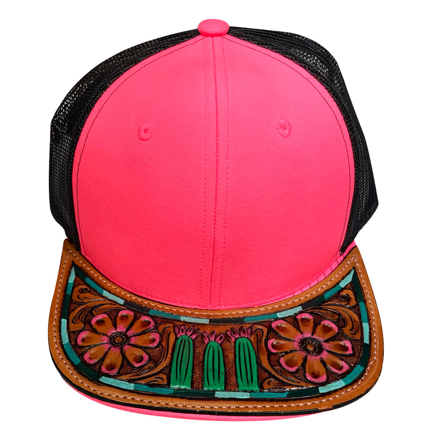Pink and black mesh trucker cap with tooled leather visor - Uhorse
