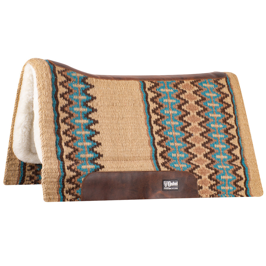 Tan wool saddle pad with turquoise and brown geometric pattern - Uhorse