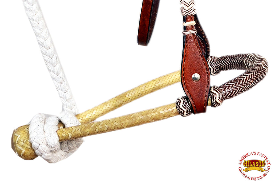 Hilason Western Headstall Horse Leather Rawhide With Bosal Reins Bitless Brown | Bridle for Horses Headstalls
