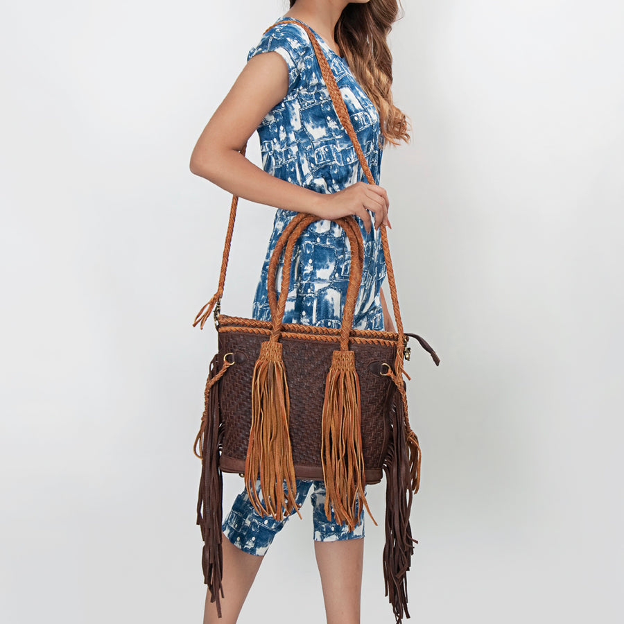 American Darling Tote Bag, Genuine Vegetable-Tanned Leather, Basket Weave Design with Fringes, Western Handcrafted Handbag