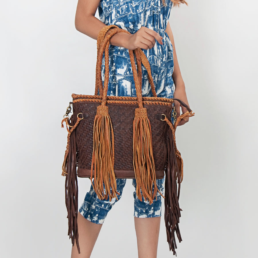 American Darling Tote Bag, Genuine Vegetable-Tanned Leather, Basket Weave Design with Fringes, Western Handcrafted Handbag