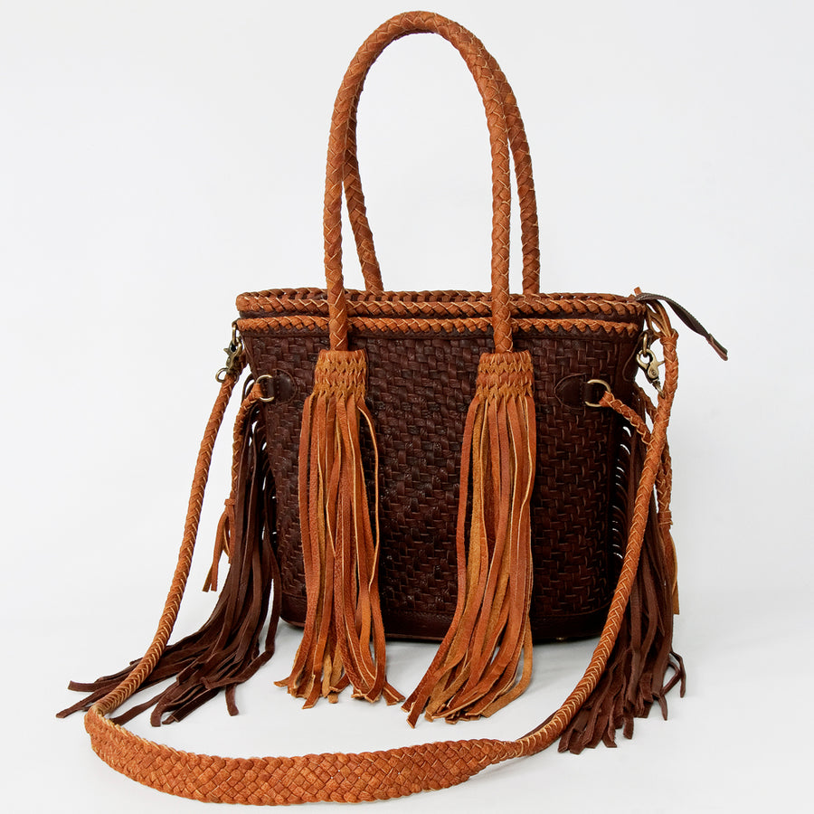 American Darling Western Leather Tote Bag - Basket Weave Fringed Handcrafted Purse - Uhorse