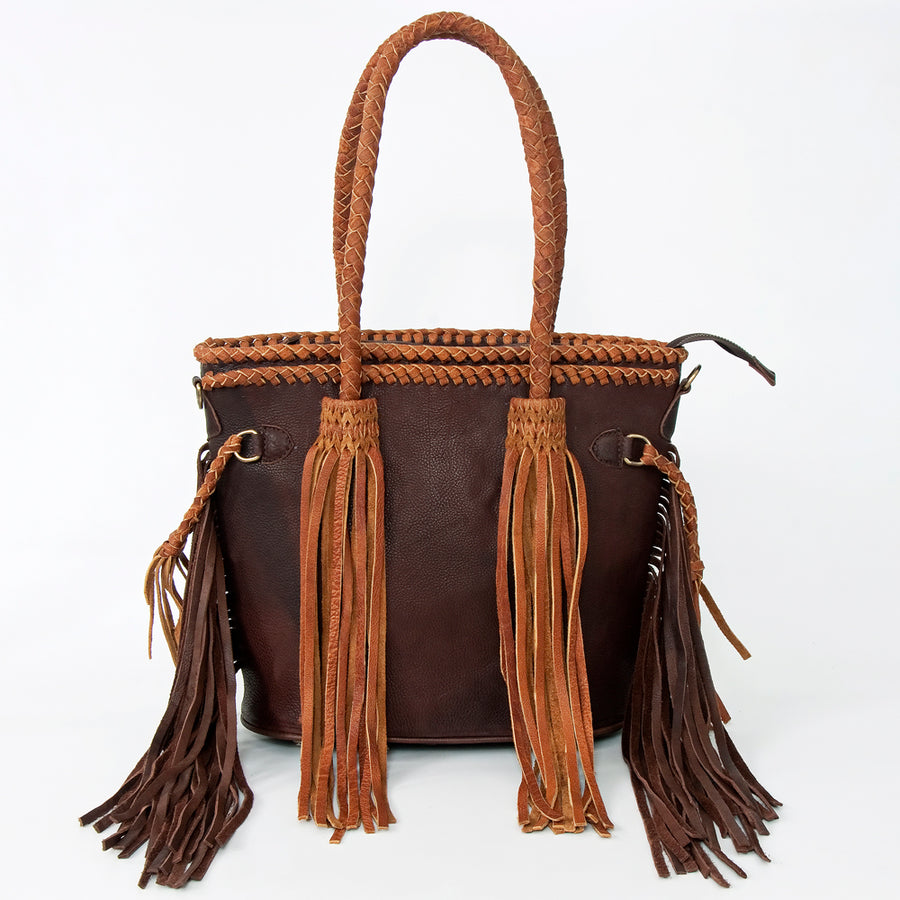 American Darling Tote Bag, Genuine Vegetable-Tanned Leather, Braided Trim with Tassels & Fringes, Western Handbag