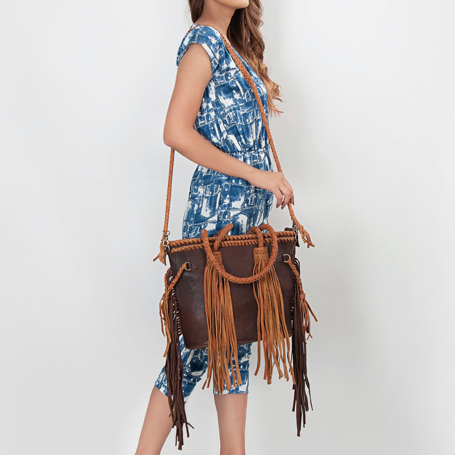 American Darling Tote Bag, Genuine Vegetable-Tanned Leather, Braided Trim with Tassels & Fringes, Western Handbag
